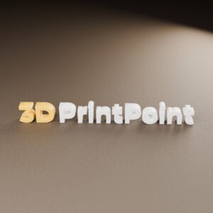 3D-gedruckter Schriftzug 3DPrintPoint aus PLA in Gelb und Weiß auf einer Druckplatte